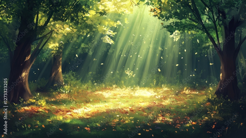 Aufkleber sunlight streams through trees illuminating forest floor
