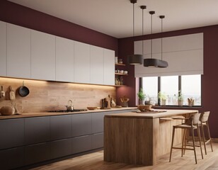 Modern Kitchen interior with empty blank wall for mockup template display. 3D Rendering