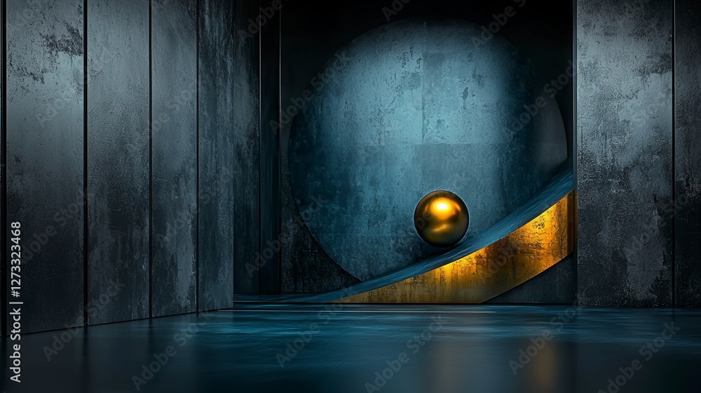 Poster dynamic golden sphere modern architectural space digital artwork minimalist environment abstract vie