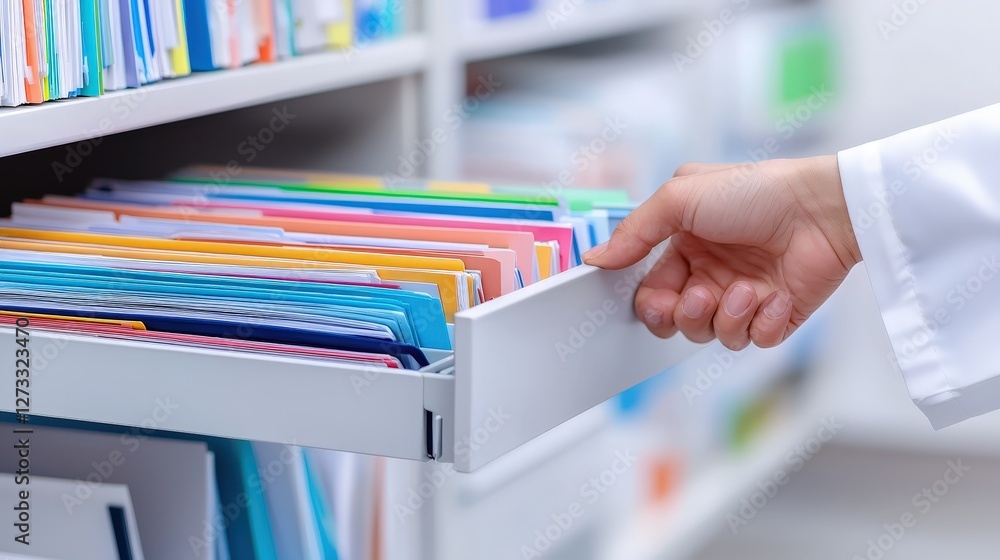 Poster a hand retrieves colorful files from a drawer in a well-organized shelving unit, highlighting effici