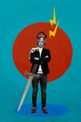 Vertical art creative trend collage of serious knight man stand crossed hand wear steel armor...