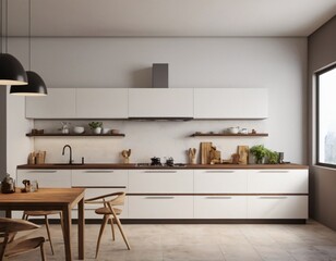 Fototapeta premium Modern Kitchen interior with empty blank wall for mockup template display. 3D Rendering