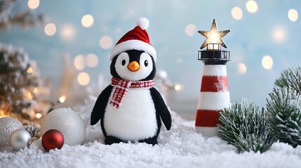 Obraz premium Festive penguin plush by lighthouse with Christmas star