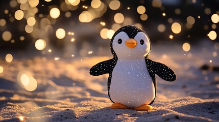 Festive penguin plush dancing on beach under stars