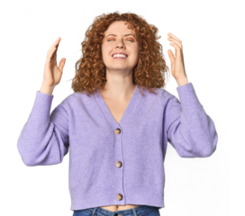 Young Caucasian redhead woman joyful laughing a lot. Happiness concept.