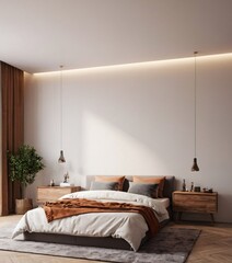 Modern bedroom interior with empty blank wall for mockup template display. 3D Rendering