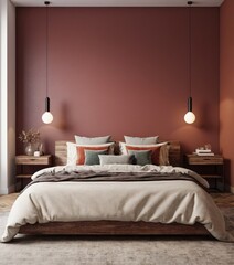 Modern bedroom interior with empty blank wall for mockup template display. 3D Rendering