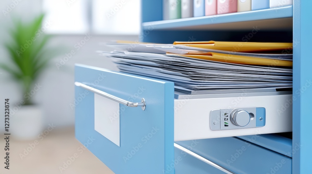 Aufkleber a close-up of an open blue filing cabinet drawer filled with documents and folders, featuring a comb