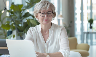 Elegancka dojrzała kobieta pracująca na laptopie.