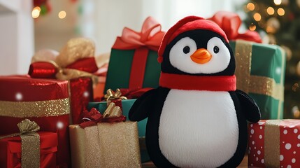 Festive penguin plush surrounded by wrapped gifts