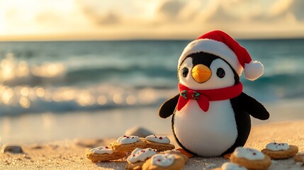 Festive penguin plush with holiday cookies by the beach