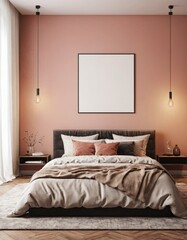Modern bedroom interior with empty blank wall for mockup template display. 3D Rendering