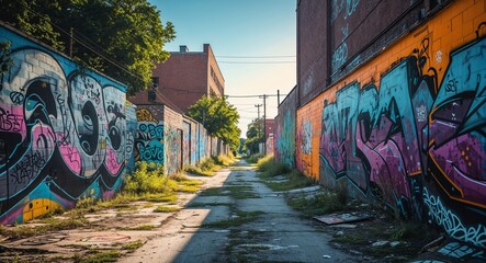 Naklejka premium Abandoned alley with graffiti walls under a clear sky in summer midday light