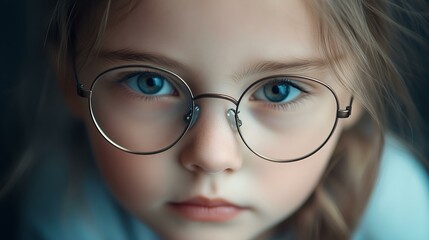 Fototapeta premium Close-up portrait of a young girl with blue eyes and round glasses gazing softly in natural lighting
