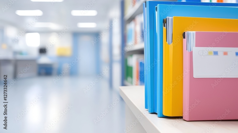 Poster a close-up of colorful file folders on a shelf, with a blurred background suggesting an organized of
