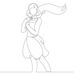 One continuous drawing line logo portrait of beautiful woman with developing long shawl scarf.Single hand drawn art line doodle outline isolated minimal illustration cartoon character flat
