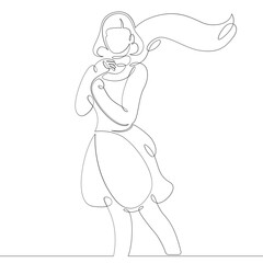 One continuous drawing line logo portrait of beautiful woman with developing long shawl scarf.Single hand drawn art line doodle outline isolated minimal illustration cartoon character flat