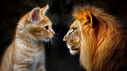 Face to face encounter between a domestic ginger cat and a majestic lion symbolizing courage and strength