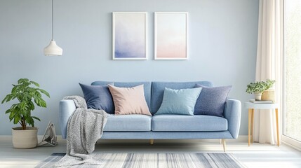 Blue Sofa Living Room Decor With Soft Pillows and Plants