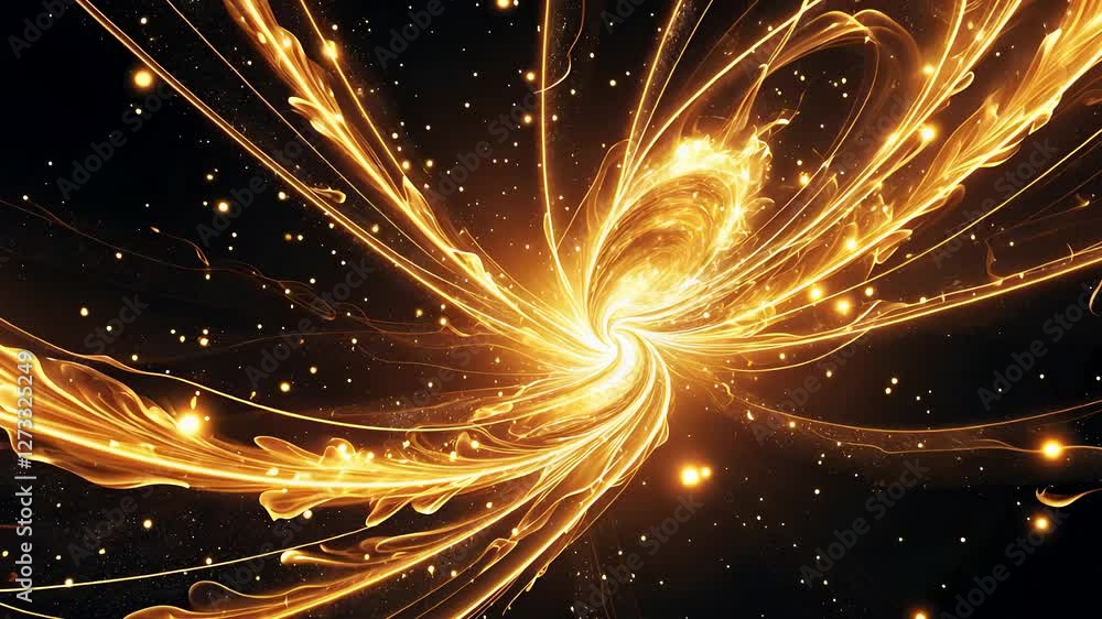 Poster golden energy swirl with glowing light trails and sparkling particles in a dynamic abstract cosmic m