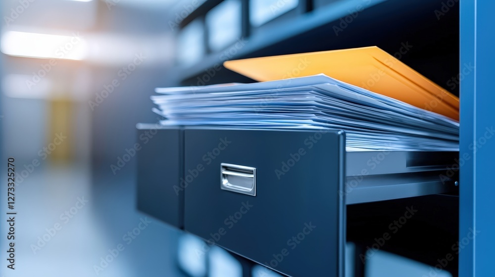 Aufkleber a close-up view of an open filing cabinet drawer filled with documents and an orange folder, highlig
