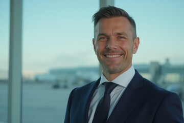 Head and shoulders Portrait of an elegant stylish Moldovan 50 years old male flight attendant in uniform.