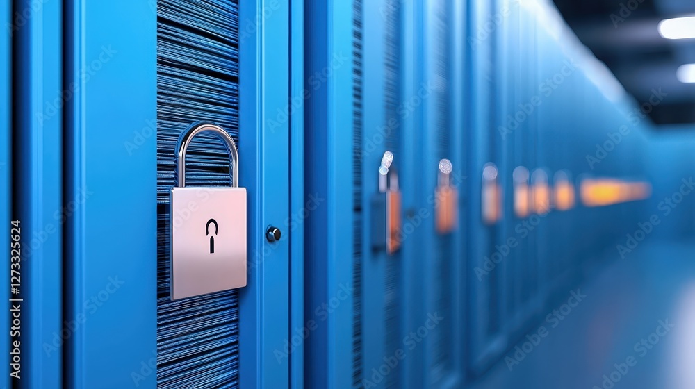 Poster a close-up of a padlock securing a server rack, highlighting data security and protection in a moder