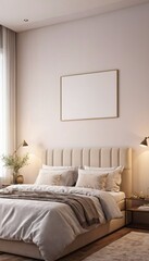 Modern Bedroom interior with empty blank wall for mockup template display. 3D Rendering