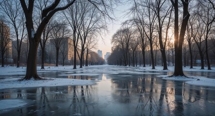 Abandoned city park in winter trees bare frozen ground reflecting the morning light