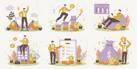 Set of dynamic financial growth illustrations focusing on investment and analytics, vector illustration