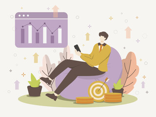 Businessman relaxing on a bean bag while analyzing financial trends, vector illustration