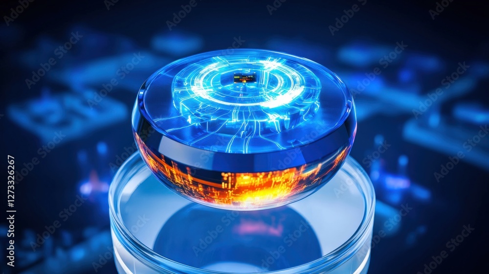 Poster innovative tech event featuring a futuristic hover device in a high-tech environment digital art pre