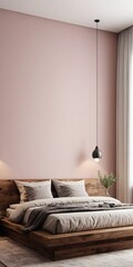Modern bedroom interior with empty blank wall for mockup template display. 3D Rendering