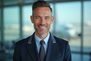 Fototapeta premium Head and shoulders Portrait of an elegant stylish New Zealander 50 years old male flight attendant in uniform.
