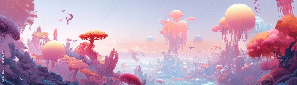 Poster surreal pink alien landscape with floating islands and trees