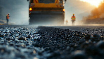 Workers and heavy equipment lay fresh asphalt on a gravel road in a dynamic construction scene.

