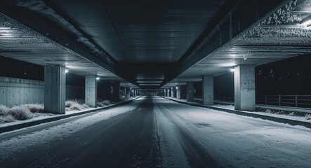 Dark underpass at night during winter with frost on the concrete