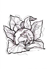 A hand drawn black and white concept sketch for planet Earth on a white background.