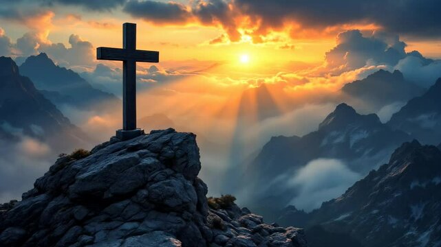 Christian cross, crucifixion on beautiful mountain rock at sunrise landscape. jesus easter resurrection concept. Good Friday. Religion, Bible, Christianity and faith concept