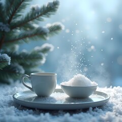 Fototapeta premium Misty Ambiance: Ceramic Tray on Icy Blue with Soft Snowfall
