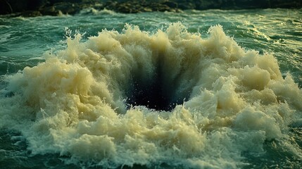 Powerful river whirlpool, rapid water flow, rocky riverbank, sunset glow