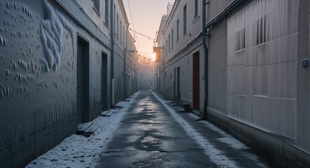 Obraz premium Empty alleyway in the morning during winter with frost covered walls