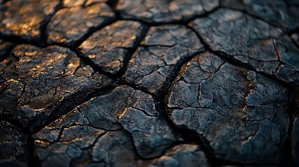 Close-up view of cracked earth with golden glow reflecting, showing texture and detail in detail