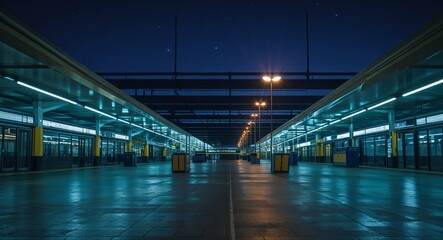 Obraz premium Empty bus terminal at night in summer lit by dim fluorescent lights