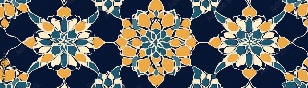 Poster intricate floral pattern on a dark blue background repeats horizontally