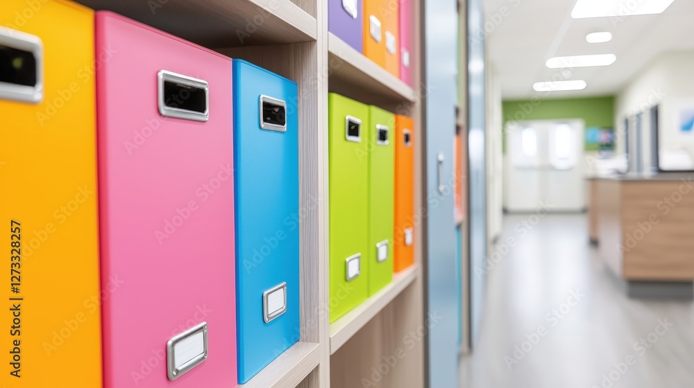 Poster a vibrant array of colorful file boxes neatly organized on a shelf, showcasing a modern office space