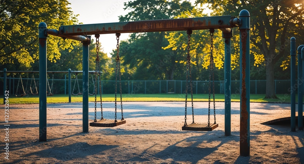 Poster empty playground at noon in summer with rusted swings swaying slightly