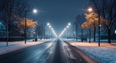 Empty street with streetlights glowing at night in winter light snow on the ground