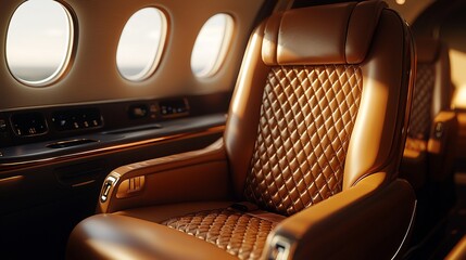 Fototapeta premium Luxurious brown leather seat in private jet cabin.