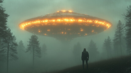 A person stands in a misty forest, gazing at a large, glowing flying saucer hovering above the trees. The atmosphere is eerie and captivating as twilight falls.